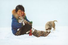 Inuit Boy with Puppies