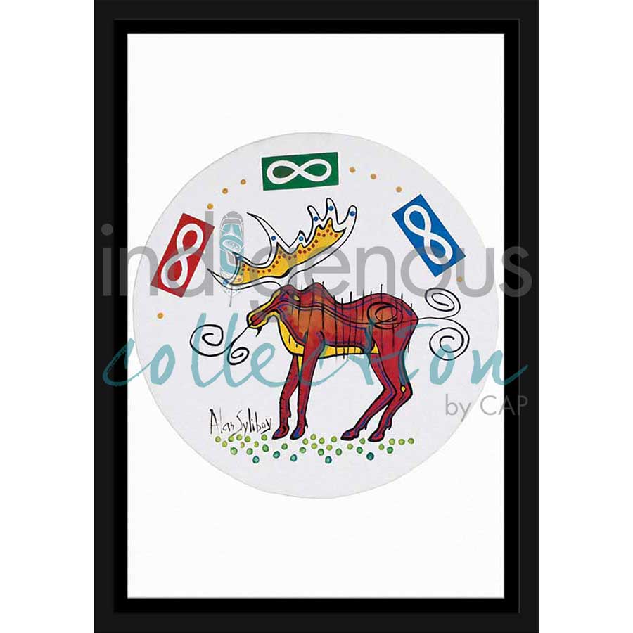 Moose Under Metis Flag Drum by artist Alan Syliboy - Mi'kmaq. Indigenous Collection