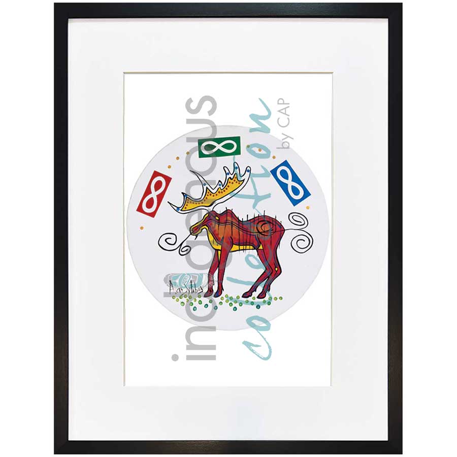 Moose Under Metis Flag Drum by artist Alan Syliboy - Mi'kmaq. Indigenous Collection