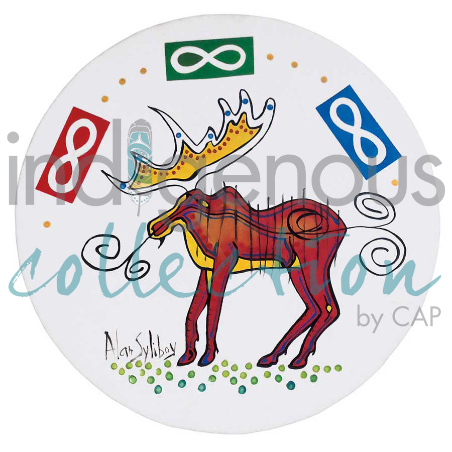 Moose Under Metis Flag Drum by artist Alan Syliboy