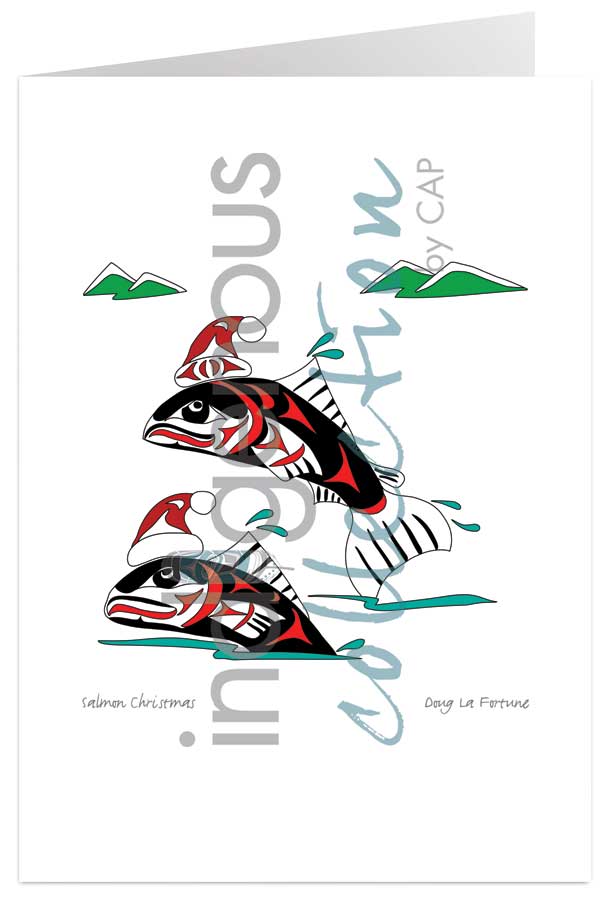 Salmon Christmas 5 x 7 Art Card by artist Doug La Fortune. Indigenous Collection