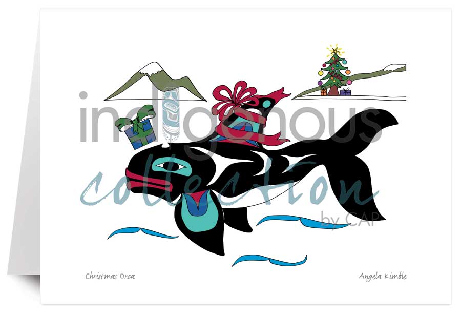 Christmas Orca 5 x 7 Art Card by artist Angela Kimble. Indigenous Collection