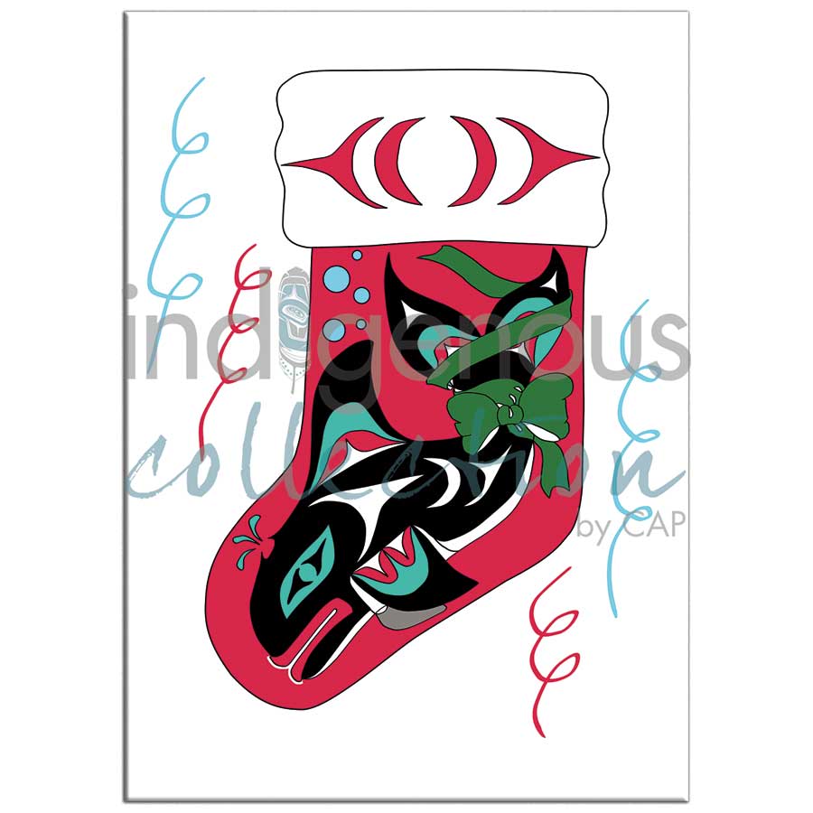 Christmas Stocking by artist Angela Kimble - Coast Salish / Nuu-Chah-Nulth