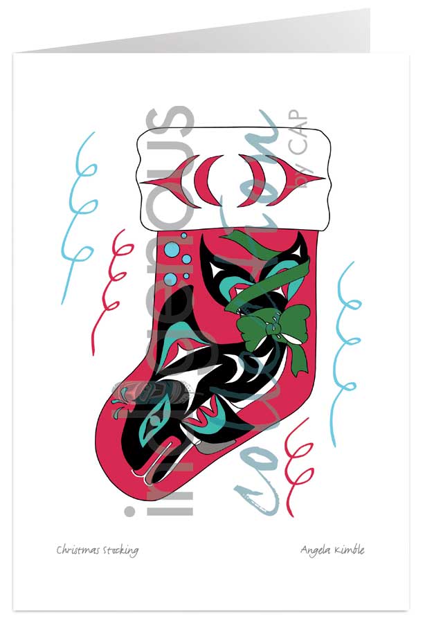 Christmas Stocking 5 x 7 Art Card by artist Angela Kimble. Indigenous Collection