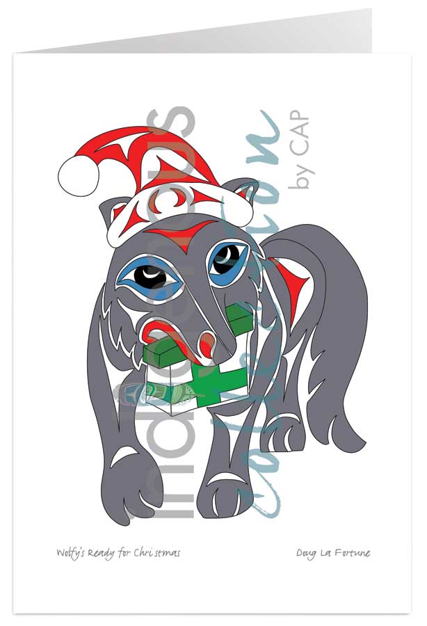 Wolfy's Ready for Christmas 5 x 7 Art Card by artist Doug La Fortune. Indigenous Collection