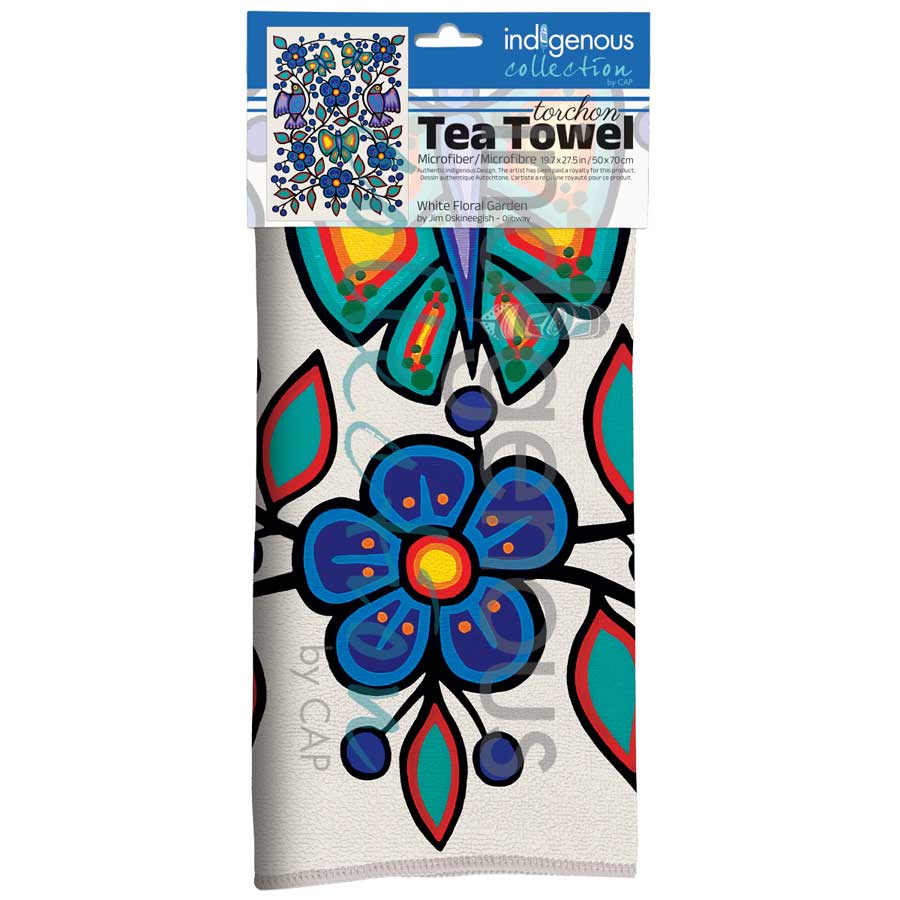 White Floral Garden Tea Towel by artist Jim Oskineegish