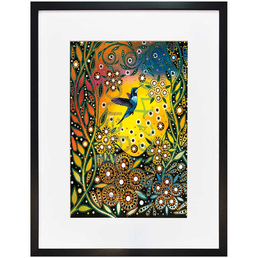 Hummingbird and Flowers by artist Betty Albert - Cree. Indigenous Collection