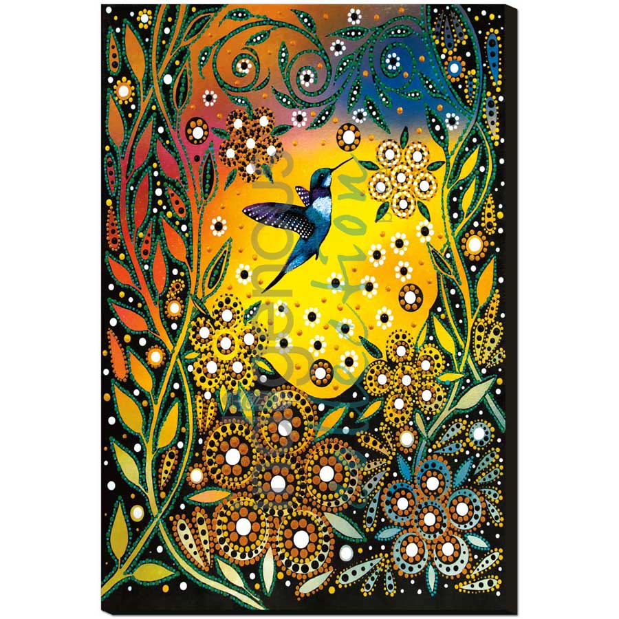 Hummingbird and Flowers by artist Betty Albert - Cree. Indigenous Collection