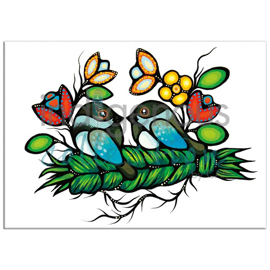 Chickadee Prayers Magnet by artist Jackie Traverse. Indigenous Collection.