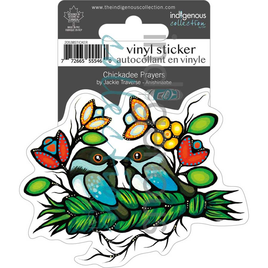 Chickadee Prayers Vinyl Die-Cut Sticker by artist Jackie Traverse. Indigenous Collection.