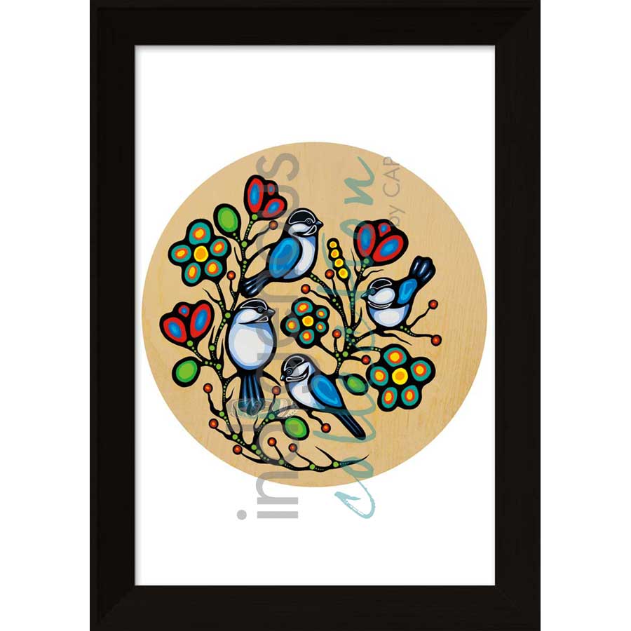 Four Little Chickadees by artist Jackie Traverse - Anishinaabe. Indigenous Collection