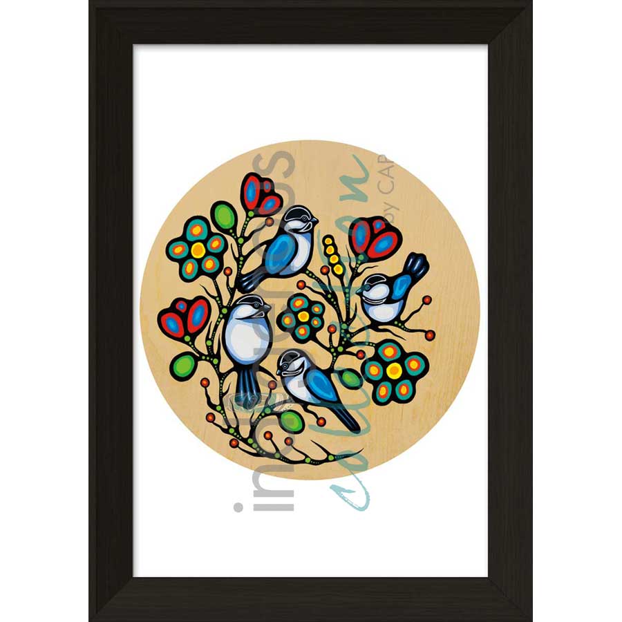 Four Little Chickadees by artist Jackie Traverse - Anishinaabe. Indigenous Collection