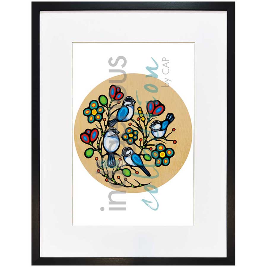 Four Little Chickadees by artist Jackie Traverse - Anishinaabe. Indigenous Collection