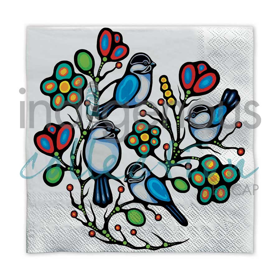 Four Little Chickadees Napkins by artist Jackie Traverse. Indigenous Collection.