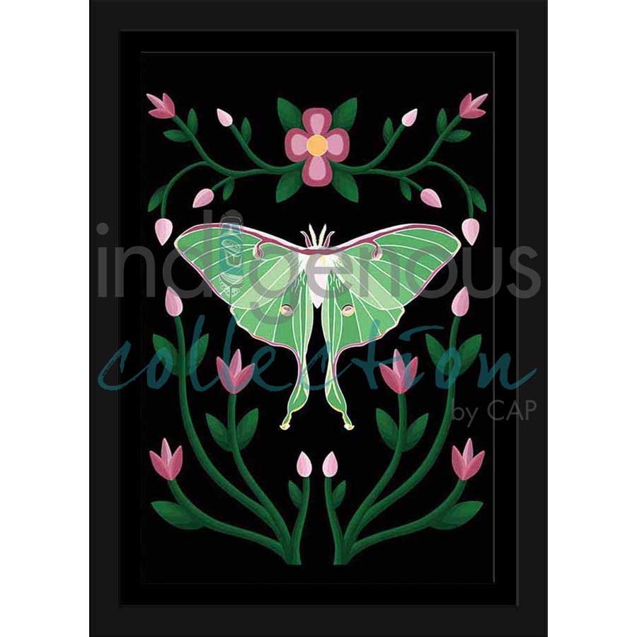 Lunar Moth and Ojibwe Florals by artist Marissa Indoe - Anishinaabe. Indigenous Collection