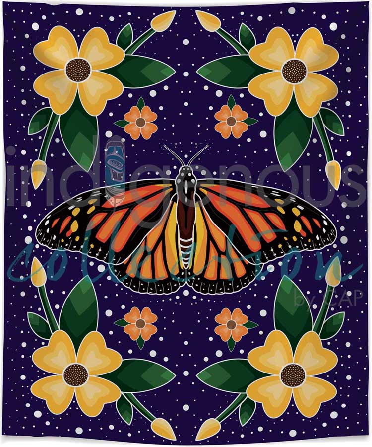 Monarch Butterfly Fleece Blanket by artist Marissa Indoe - Anishinaabe