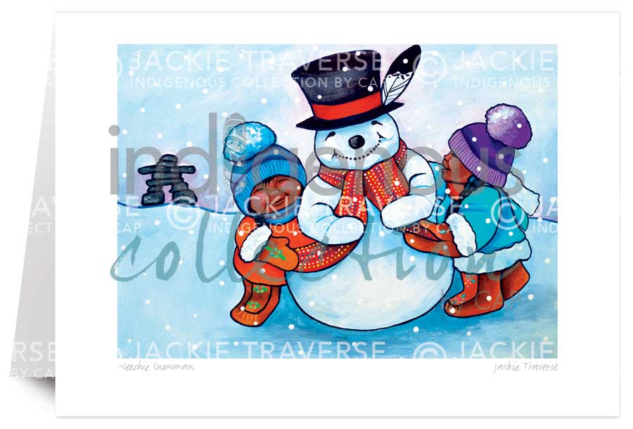 Neechie Snowman 5 x 7 Art Card by artist Jackie Traverse. Indigenous Collection