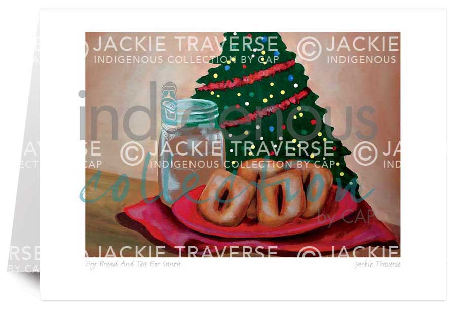 Fry Bread and Tea For Santa 5 x 7 Art Card by artist Jackie Traverse. Indigenous Collection
