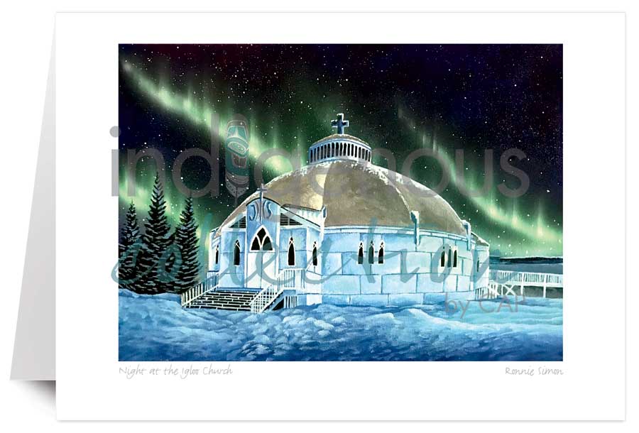 Night at the Igloo Church 5 x 7 Art Card by artist Ronnie Simon. Indigenous Collection