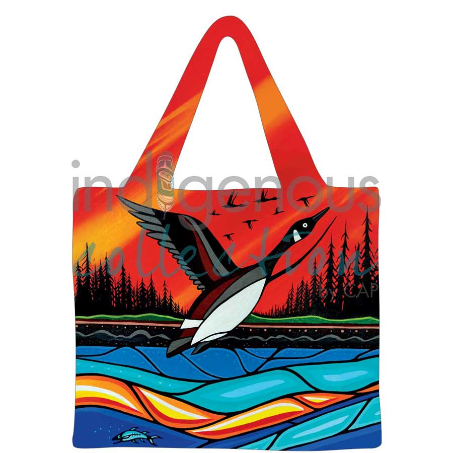 Canadian Geese in Flight Reusable Shopping Bag by artist Jeffrey Red George. Indigenous Collection.