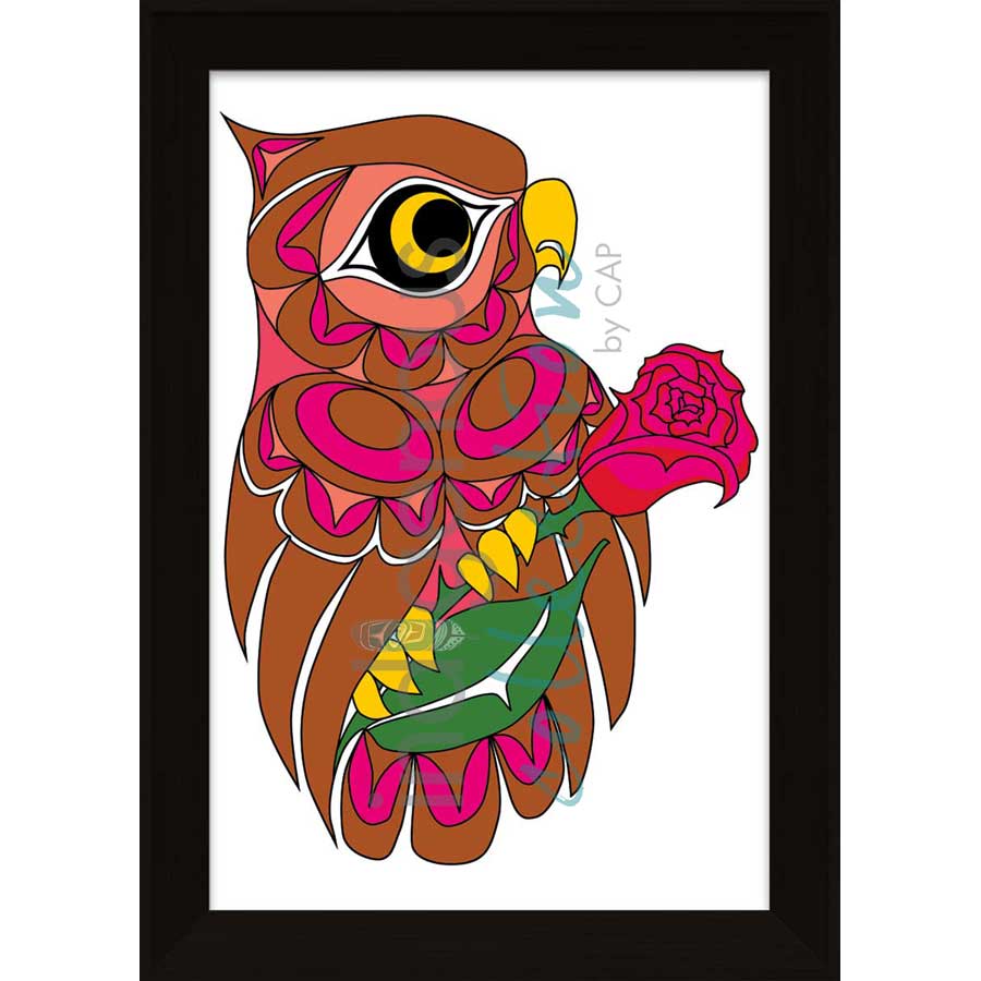 Owl and Rose by artist Angela Kimble - Coast Salish / Nuu-Chah-Nulth. Indigenous Collection