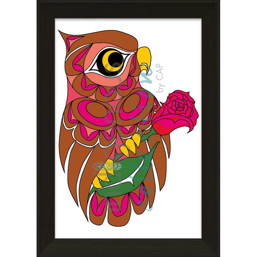 Owl and Rose by artist Angela Kimble - Coast Salish / Nuu-Chah-Nulth. Indigenous Collection