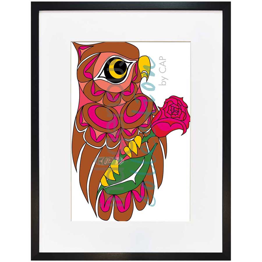 Owl and Rose by artist Angela Kimble - Coast Salish / Nuu-Chah-Nulth. Indigenous Collection