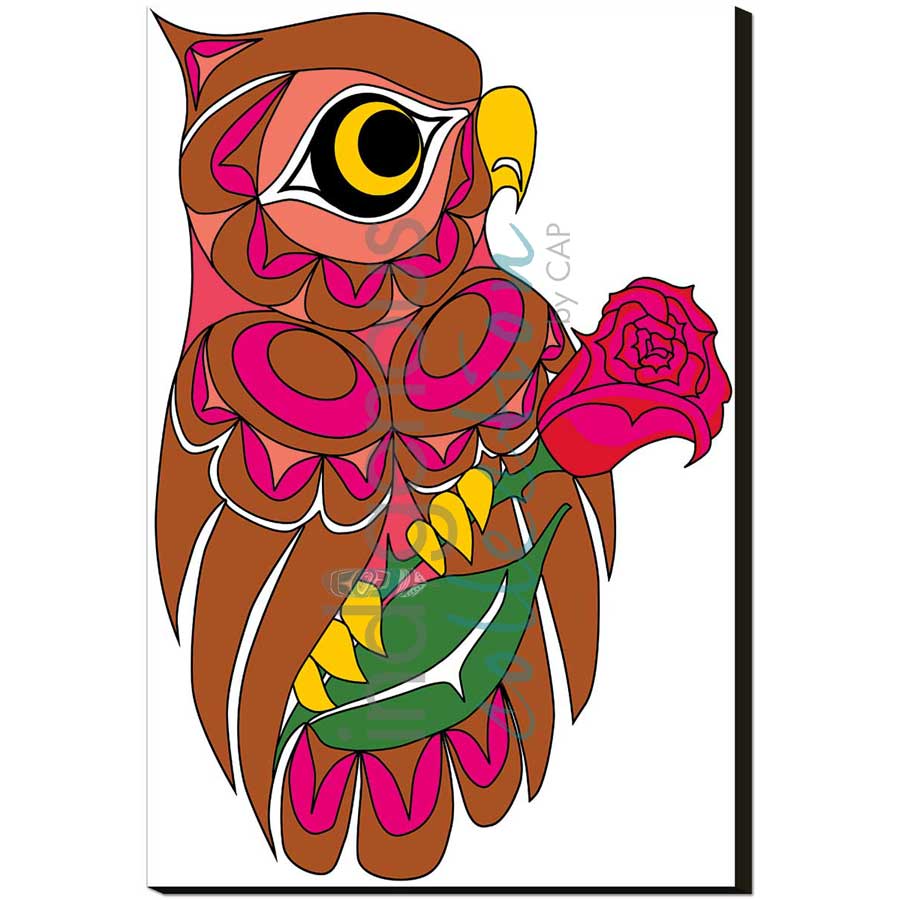 Owl and Rose by artist Angela Kimble - Coast Salish / Nuu-Chah-Nulth. Indigenous Collection