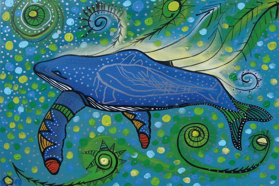 Humpback Swimming with Yellow Bubbles by artist Alan Syliboy