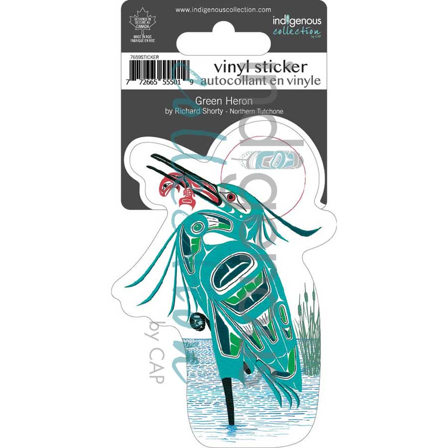 Green Heron Vinyl Die-Cut Sticker by artist Richard Shorty