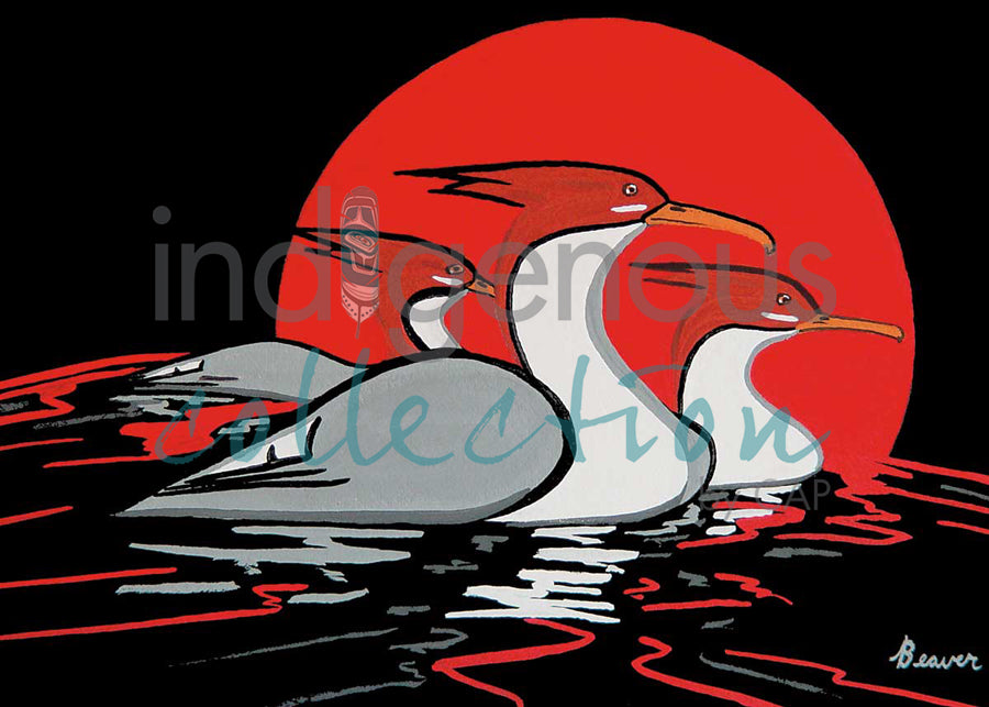 Sunset Trio – Mergansers by artist Rick Beaver