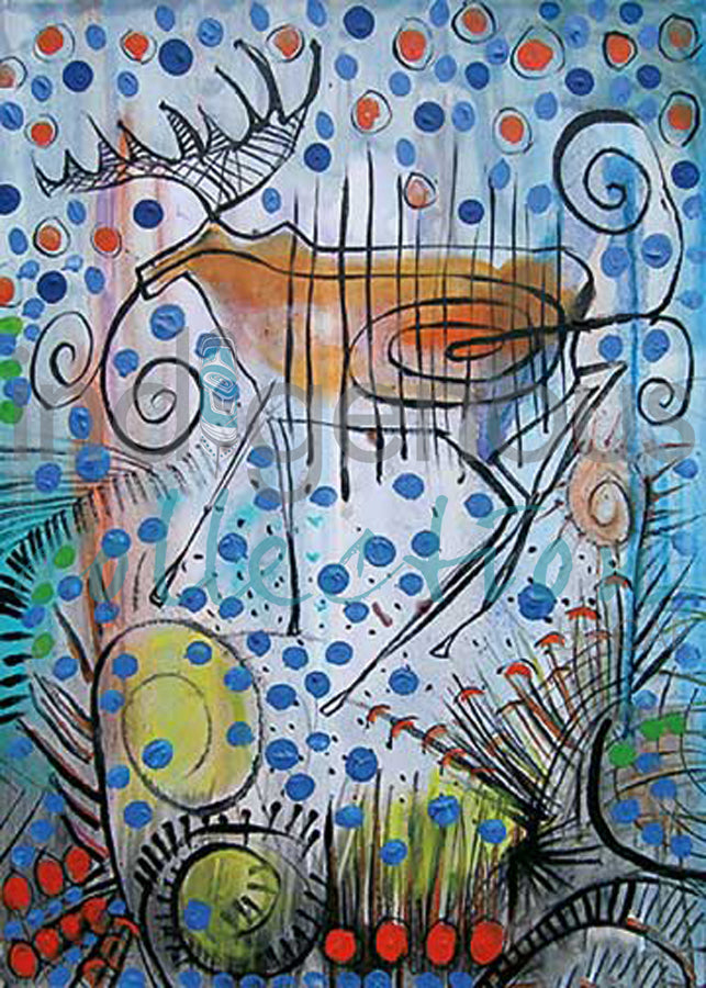 Moose with Spirits Dancing All Around by artist Alan Syliboy