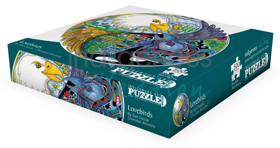 Lovebirds Puzzle - Round - 500 Pcs by artist Sue Coccia. Indigenous Collection.