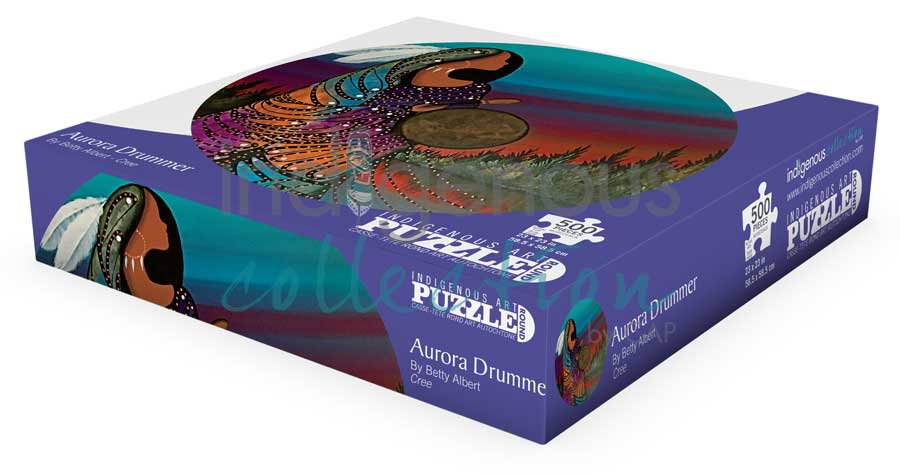Aurora Drummer Puzzle - Round - 500 Pcs by artist Betty Albert. Indigenous Collection.