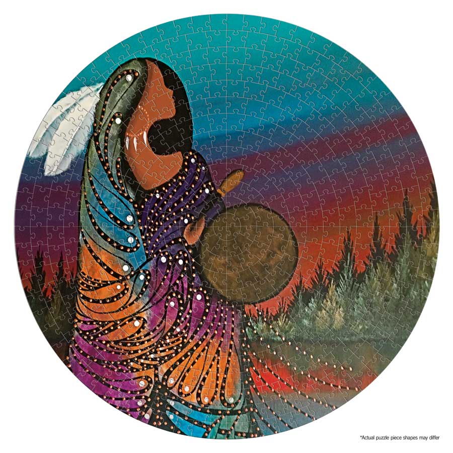 Aurora Drummer Puzzle - Round - 500 Pcs by artist Betty Albert. Indigenous Collection.