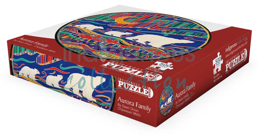 Aurora Family Puzzle - Round - 500 Pcs by artist Dawn Oman. Indigenous Collection.