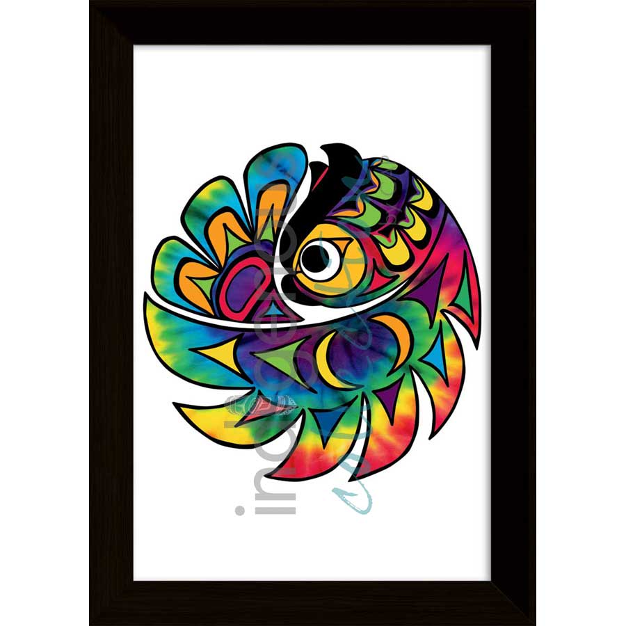 Tie Dye Owl by artist Angela Kimble - Coast Salish/Nuu-Chah-Nulth. Indigenous Collection