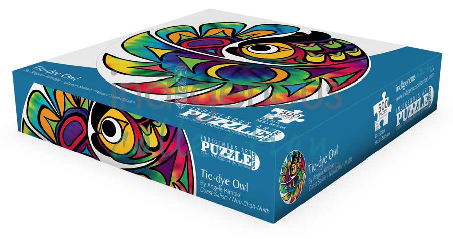 Tie-dye Owl Puzzle - Round - 500 Pcs by artist Angela Kimble. Indigenous Collection.