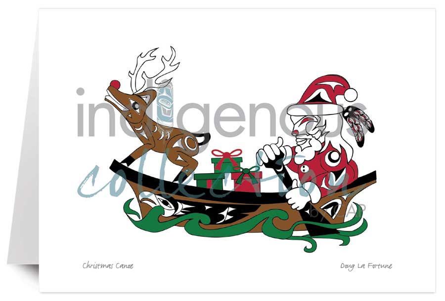 Christmas Canoe 5 x 7 Art Card by artist Doug La Fortune. Indigenous Collection
