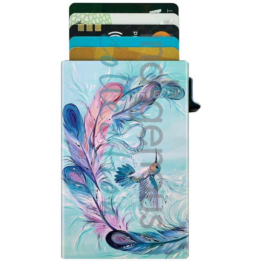 Hummingbird Feathers Metal Card Holder by artist Carla Joseph. Indigenous Collection.