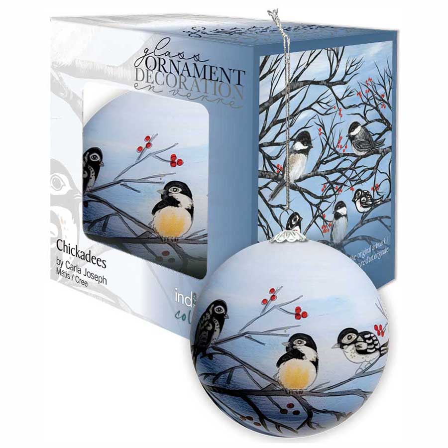 Chickadees Glass Christmas Ornament by artistCarla Joseph