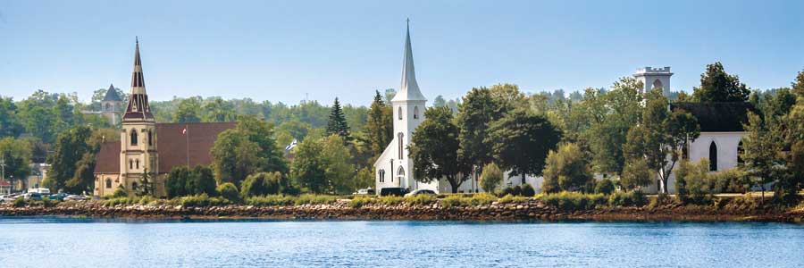 Three Churches, Mahone Bay, NS by artist Jeff Maihara