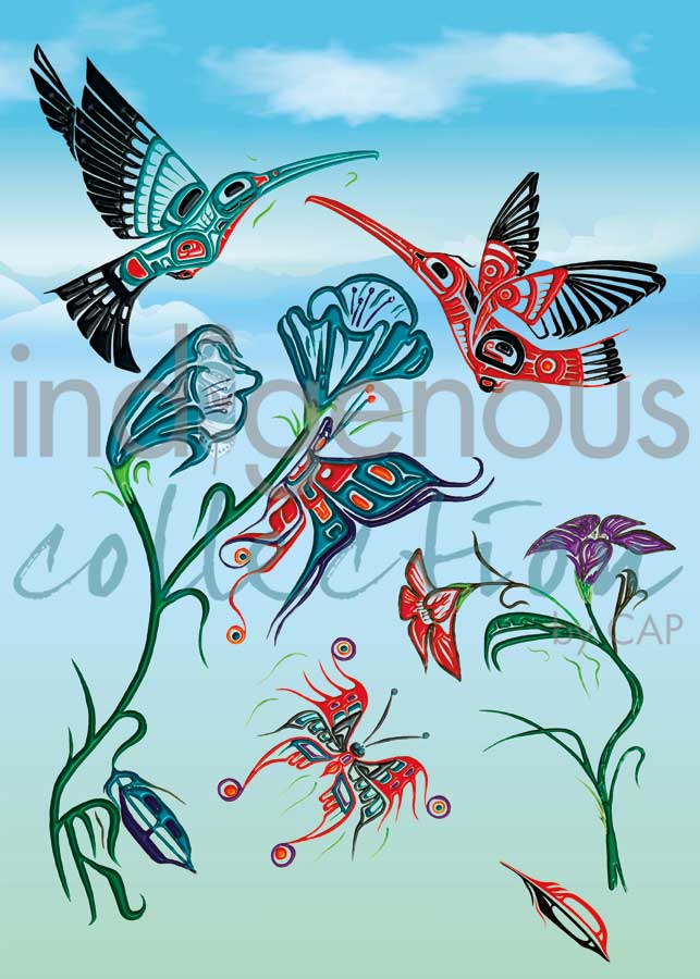 Heiltsuk Hummingbirds and Butterflies - Sharing The Joy by artist Fred Anderson