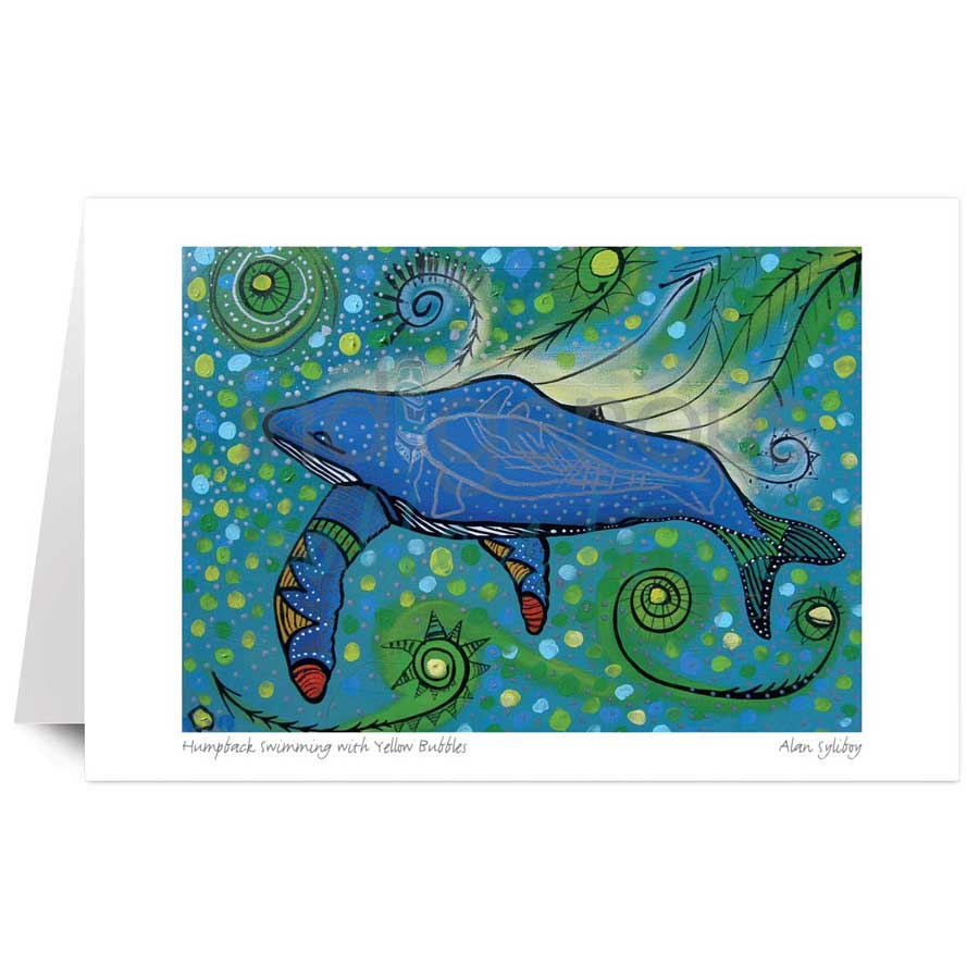 Humpback Swimming with Yellow Bubbles by artist Alan Syliboy