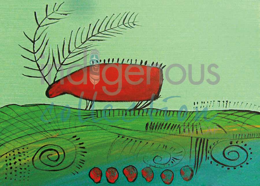 Red Caribou Eating Summer Grass by artist Alan Syliboy