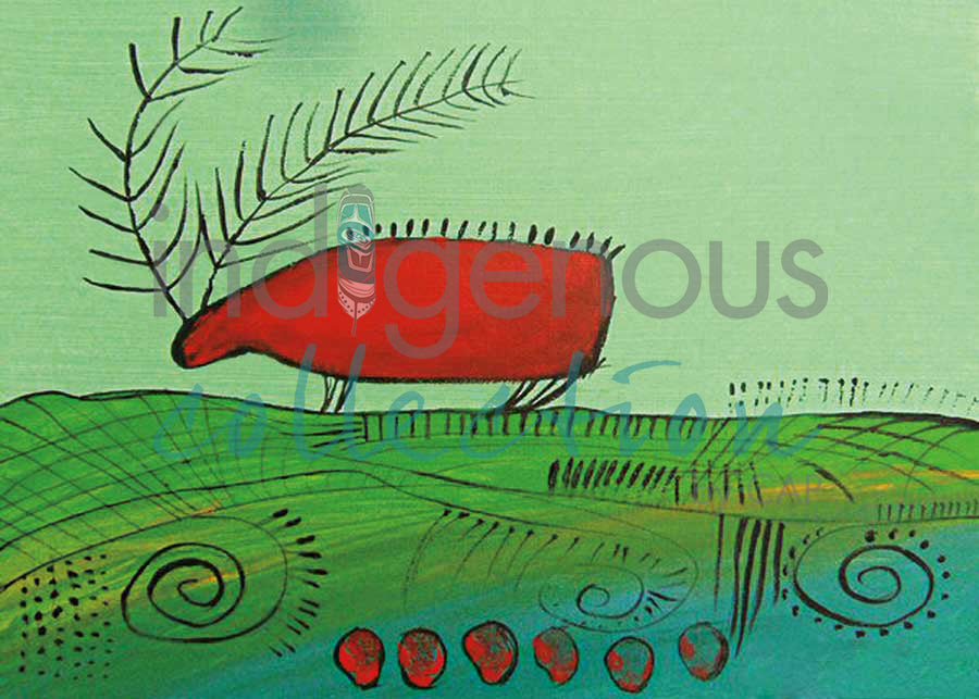 Red Caribou Eating Summer Grass by artist Alan Syliboy