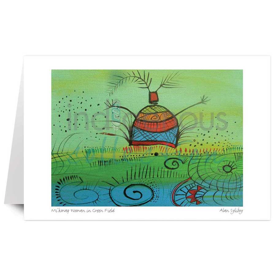 Mi‚Äôkmaq Woman in Green Field by artist Alan Syliboy