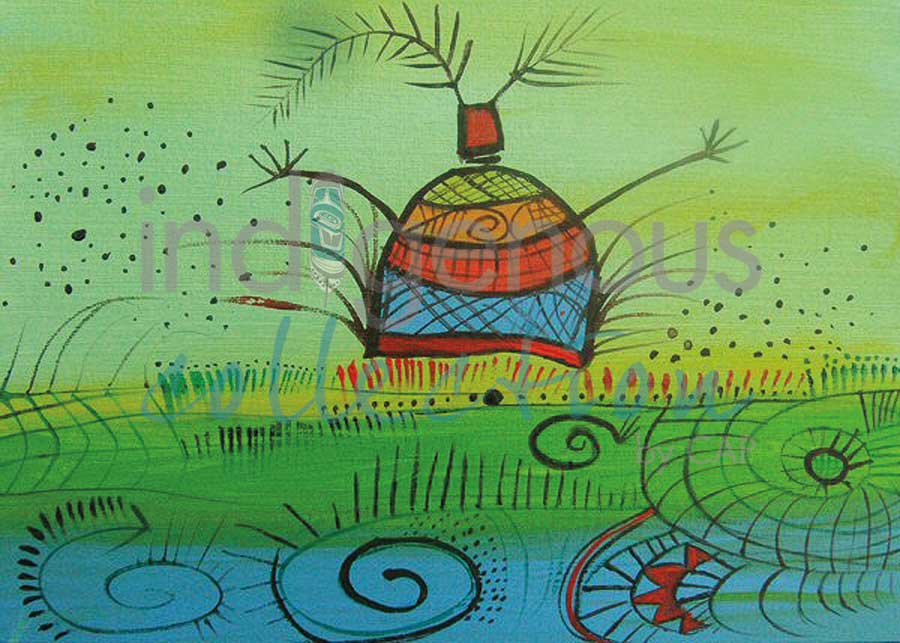 Mi’kmaq Woman in Green Field by artist Alan Syliboy