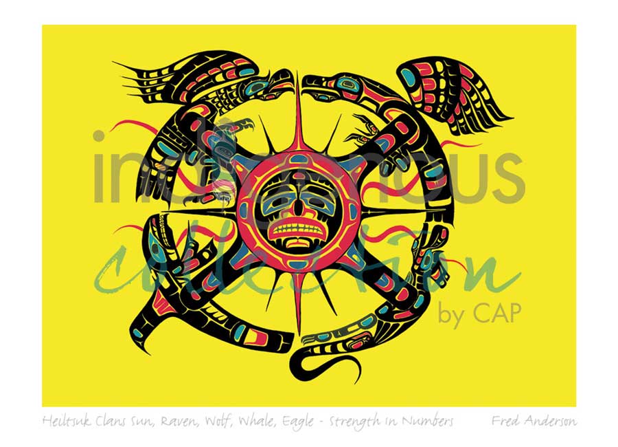 Heiltsuk Clan Sun, Raven, Wolf, Whale, Eagle &#8211; Strength in Numbers by artist Fred Anderson