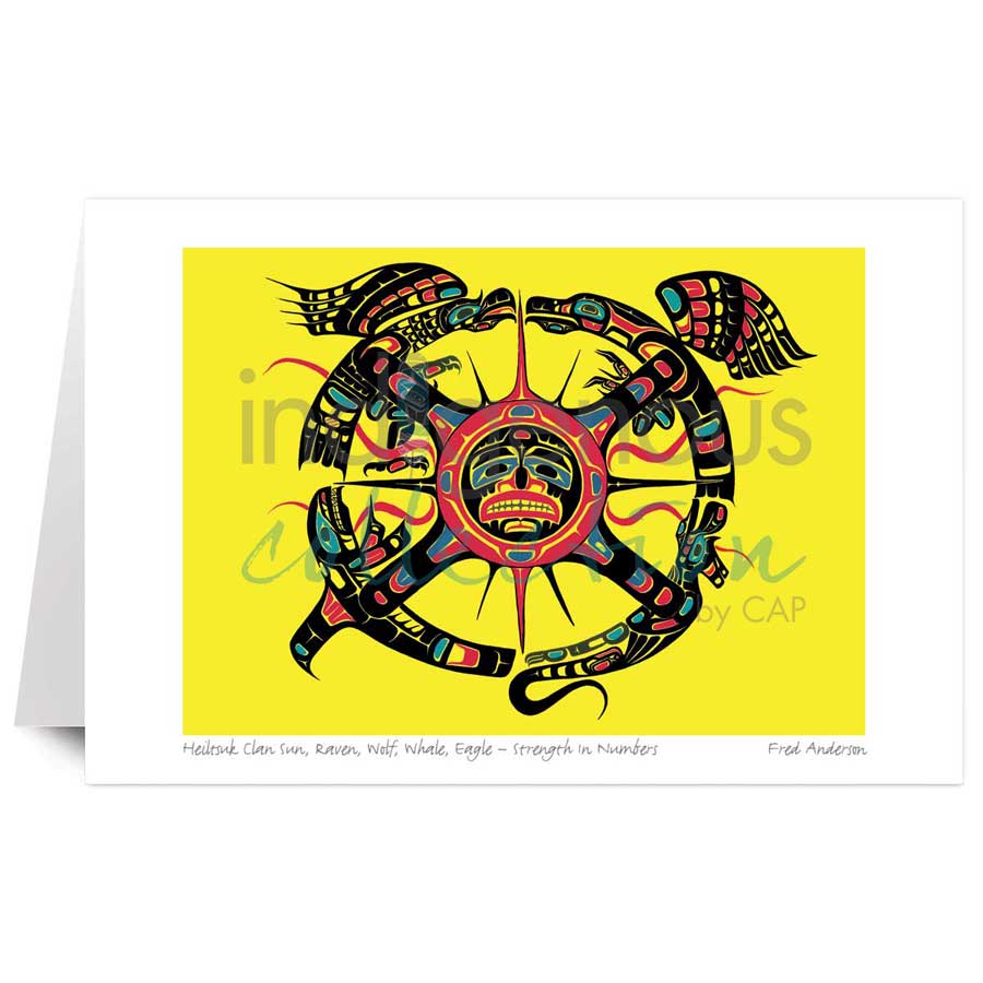 Heiltsuk Clan Sun, Raven, Wolf, Whale, Eagle &#8211; Strength in Numbers by artist Fred Anderson